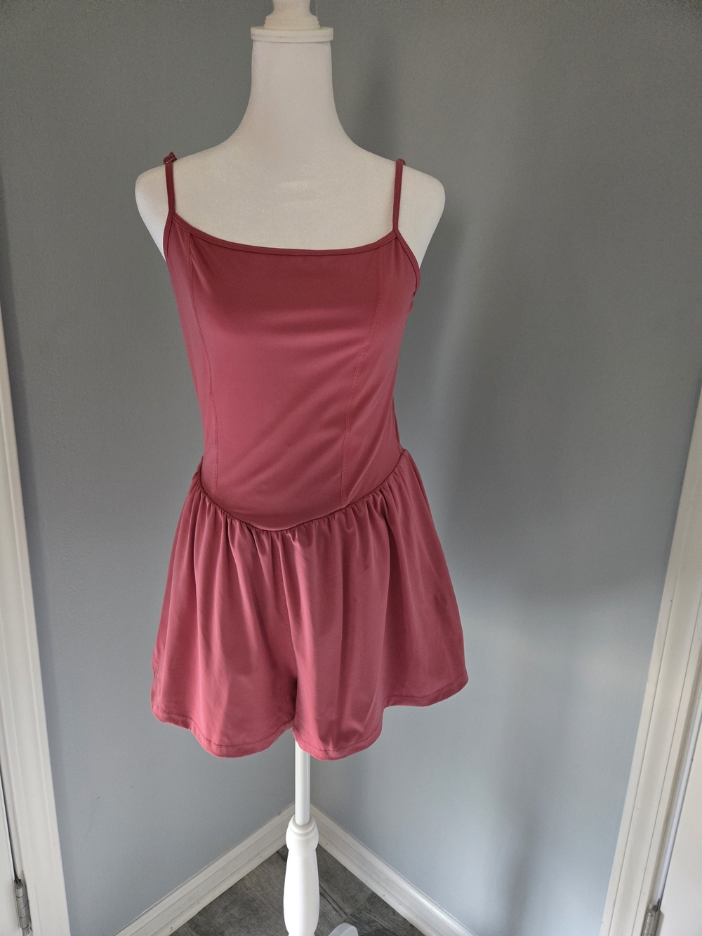 Satin-Look Spaghetti Strap Chemise Romper in Dusty Rose